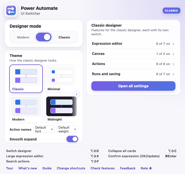 The extension popup with the classic designer selected, the themes, and the Classic designer card with its groups and Open all settings, the shortcuts, and links such as Feedback and Rate