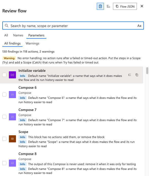 The Search panel showing Review flow: 130 findings in 118 actions, a warning that the flow has no error handling, and per action info findings such as a default name, a block without actions and a Compose whose output is never used