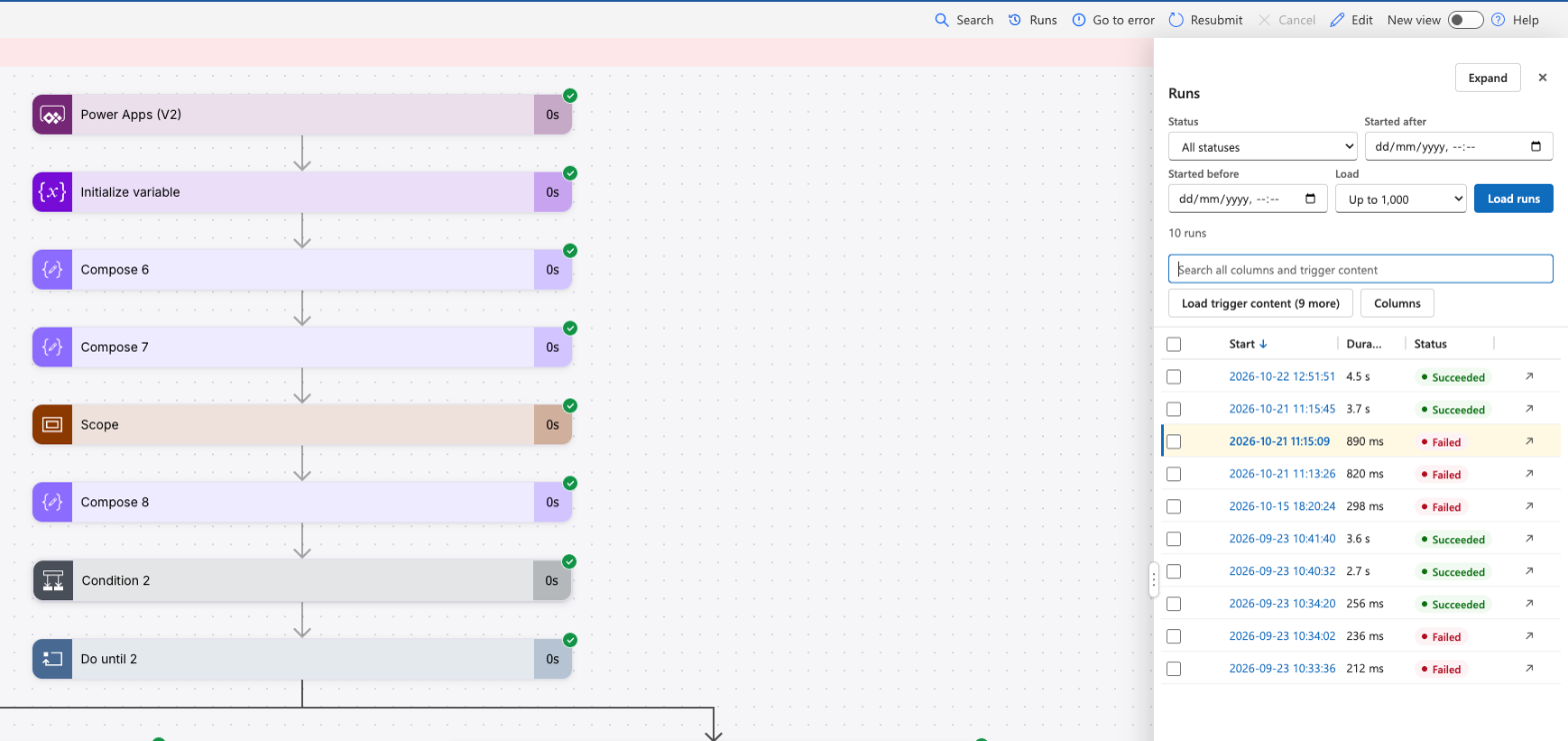 A failed flow run in the classic designer with Runs in the command bar after Search: the list of runs docked next to the canvas, with the run on screen marked