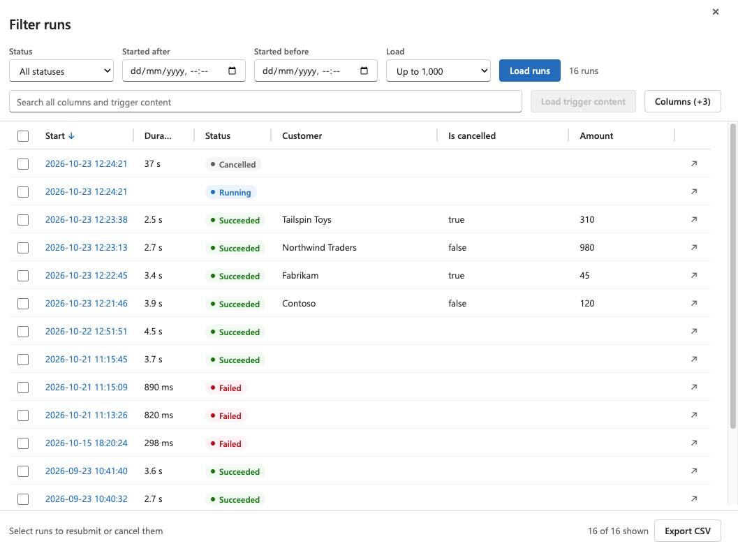 The run list filtered on a trigger input, with a column per input