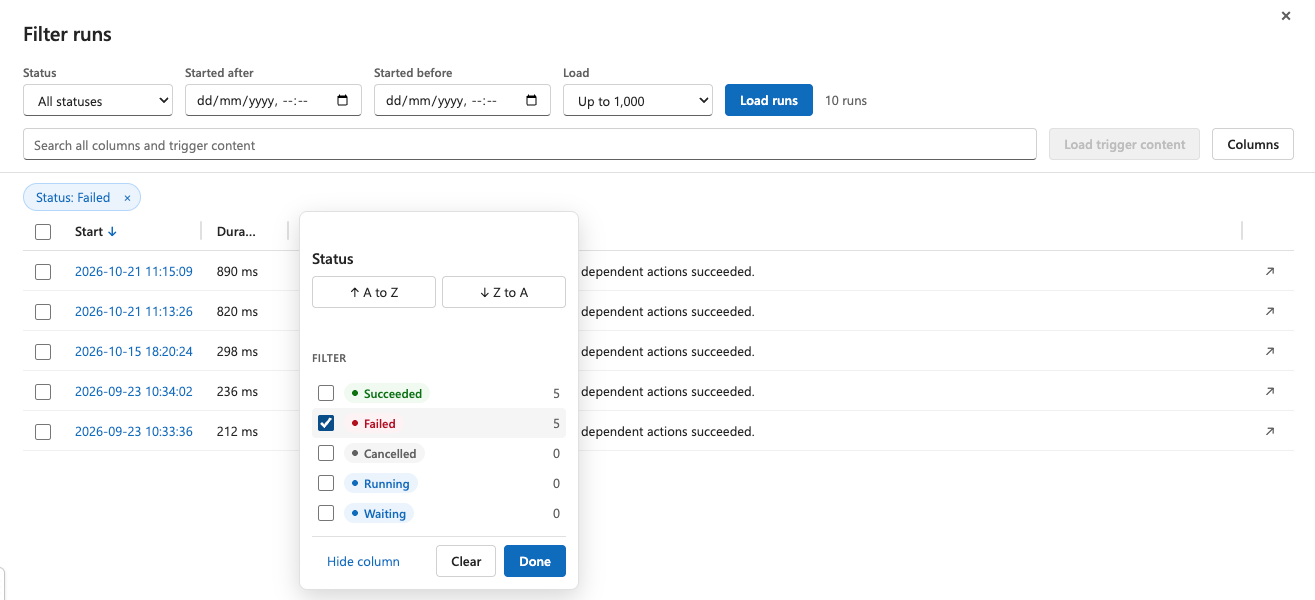 The Filter runs panel on the run history page: the Status menu with check boxes and the number of runs per status, Failed ticked, a Status: Failed chip above the table and only the failed runs listed
