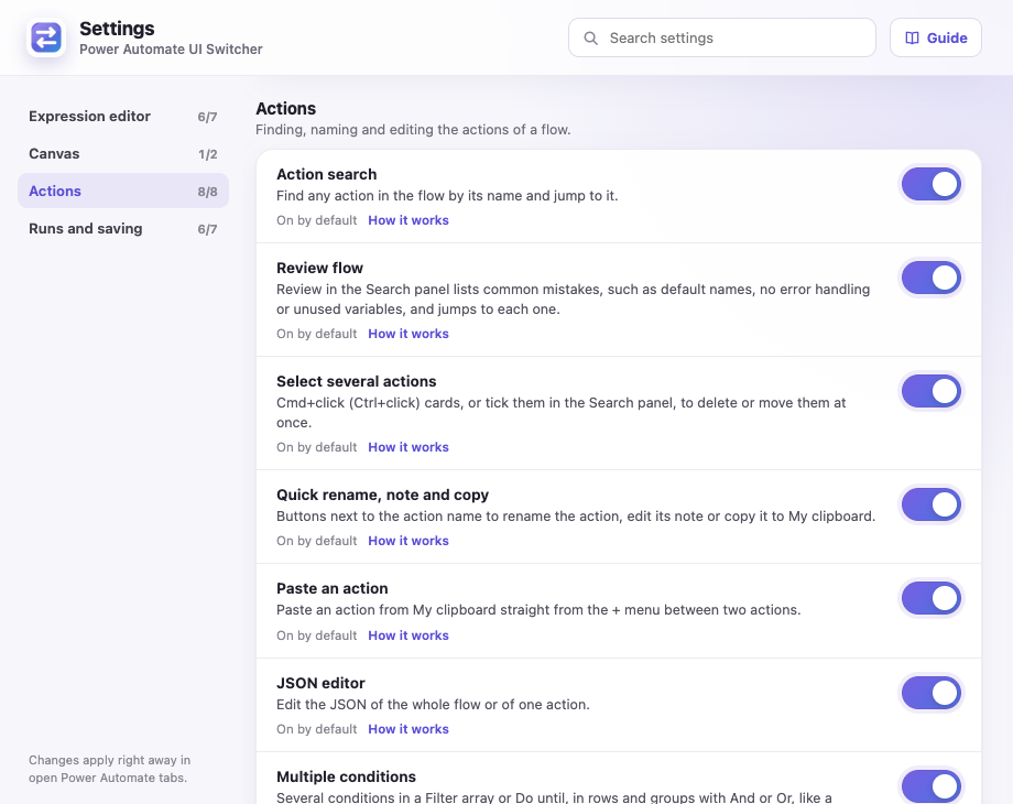 The settings window with the groups on the left, a search box and a Guide button, and the switches of the Actions group, such as Action search, Review flow and Select several actions, each with a short text and a How it works link